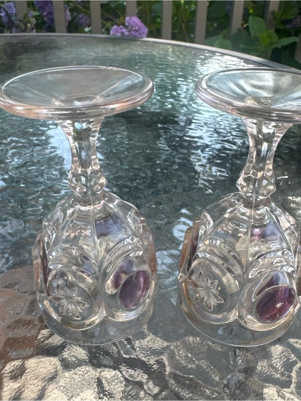 Vintage Clear Hobnail Goblets with Purple Jewel Centers 4.5x2.5 inches